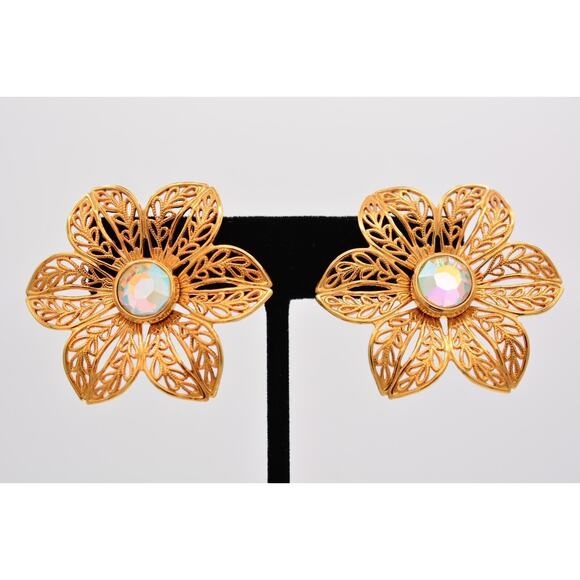 Vintage Flower Earrings Aurora Borealis Rhinestone Crystal Filigree Chunky BinAZ - Picture 1 of 12